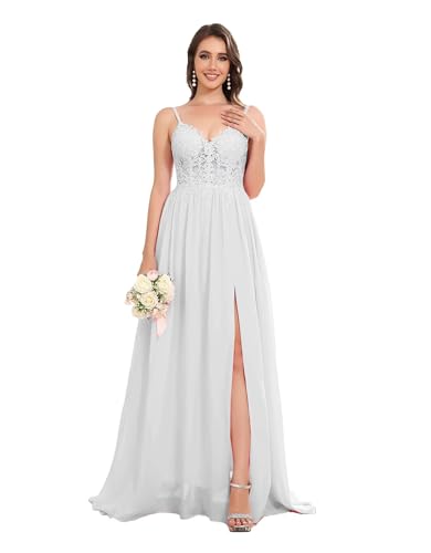 Sincemeet Lang Abendkleid mit Spitze Spaghettiträgern V-Ausschnitt Chiffon Ballkleider Abschlussball Kleider mit Schlitz von Sincemeet