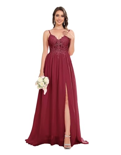 Sincemeet Lang Abendkleid mit Spitze Spaghettiträgern V-Ausschnitt Chiffon Ballkleider Abschlussball Kleider mit Schlitz von Sincemeet