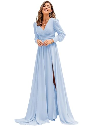 Sincemeet Langärmliges Chiffon Brautjungfernkleid Elegantes Chiffon-Abschlussballkleid mit Schlitz V-Ausschnitt Abendkleid lang von Sincemeet