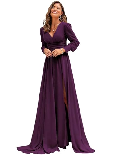 Sincemeet Langärmliges Chiffon Brautjungfernkleid Elegantes Chiffon-Abschlussballkleid mit Schlitz V-Ausschnitt Abendkleid lang Sincemeet Langärmliges Chiffon Brautjungfernkleid Elegantes Chiffon-Abschlussballkleid mit Schlitz V-Ausschnitt Abendkleid lang von Sincemeet