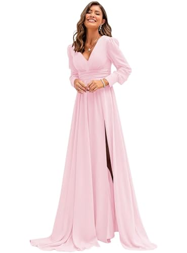 Sincemeet Langärmliges Chiffon Brautjungfernkleid Elegantes Chiffon-Abschlussballkleid mit Schlitz V-Ausschnitt Abendkleid lang Sincemeet Langärmliges Chiffon Brautjungfernkleid Elegantes Chiffon-Abschlussballkleid mit Schlitz V-Ausschnitt Abendkleid lang von Sincemeet