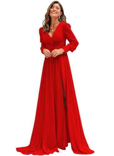Sincemeet Langärmliges Chiffon Brautjungfernkleid Elegantes Chiffon-Abschlussballkleid mit Schlitz V-Ausschnitt Abendkleid lang von Sincemeet