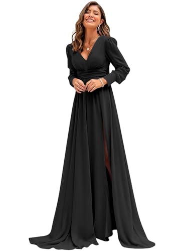 Sincemeet Langärmliges Chiffon Brautjungfernkleid Elegantes Chiffon-Abschlussballkleid mit Schlitz V-Ausschnitt Abendkleid lang Sincemeet Langärmliges Chiffon Brautjungfernkleid Elegantes Chiffon-Abschlussballkleid mit Schlitz V-Ausschnitt Abendkleid lang von Sincemeet