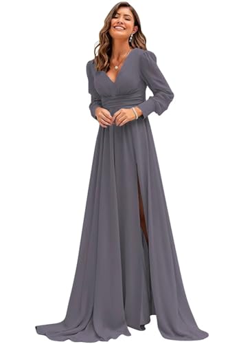 Sincemeet Langärmliges Chiffon Brautjungfernkleid Elegantes Chiffon-Abschlussballkleid mit Schlitz V-Ausschnitt Abendkleid lang von Sincemeet