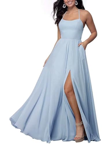 Sincemeet Langes Chiffon Brautjunfernkleid Spaghettiträgern Abschlussballkleid Mit Schlitz Rückenfreies Abendkleid Mit Tasche von Sincemeet