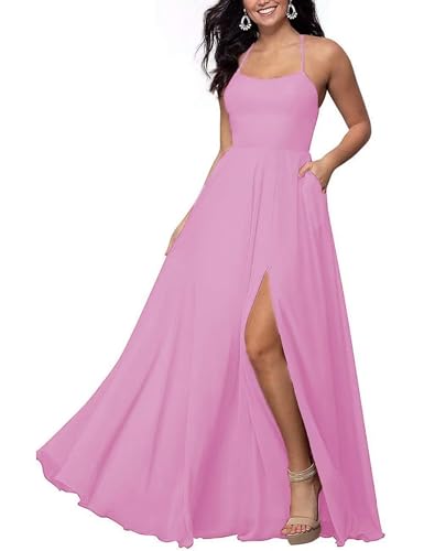 Sincemeet Langes Chiffon Brautjunfernkleid Spaghettiträgern Abschlussballkleid Mit Schlitz Rückenfreies Abendkleid Mit Tasche von Sincemeet