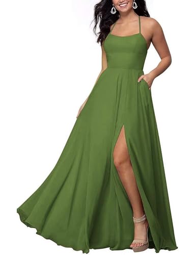 Sincemeet Langes Chiffon Brautjunfernkleid Spaghettiträgern Abschlussballkleid Mit Schlitz Rückenfreies Abendkleid Mit Tasche von Sincemeet