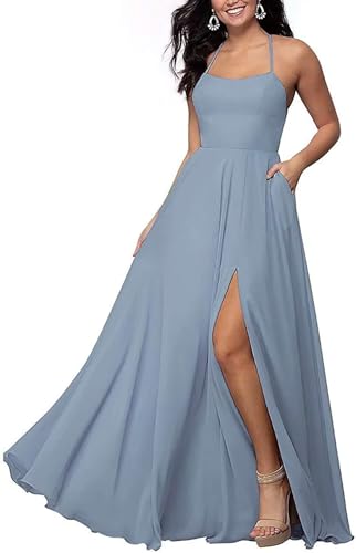 Sincemeet Langes Chiffon Brautjunfernkleid Spaghettiträgern Abschlussballkleid Mit Schlitz Rückenfreies Abendkleid Mit Tasche Sincemeet Langes Chiffon Brautjunfernkleid Spaghettiträgern Abschlussballkleid Mit Schlitz Rückenfreies Abendkleid Mit Tasche von Sincemeet