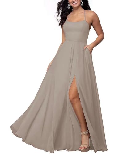 Sincemeet Langes Chiffon Brautjunfernkleid Spaghettiträgern Abschlussballkleid Mit Schlitz Rückenfreies Abendkleid Mit Tasche von Sincemeet