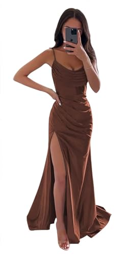 Sincemeet Meerjungfrau Satin Abendkleid mit Schlitz Spaghettiträgern Lange Brautjungfer Satin Wickelkleid Ballkleider von Sincemeet