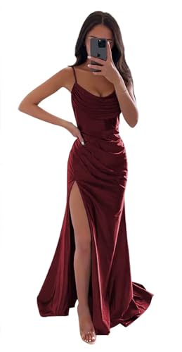 Sincemeet Meerjungfrau Satin Abendkleid mit Schlitz Spaghettiträgern Lange Brautjungfer Satin Wickelkleid Ballkleider von Sincemeet