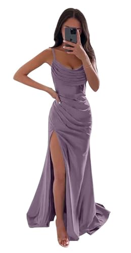 Sincemeet Meerjungfrau Satin Abendkleid mit Schlitz Spaghettiträgern Lange Brautjungfer Satin Wickelkleid Ballkleider von Sincemeet