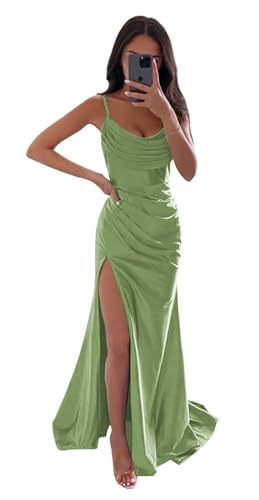 Sincemeet Meerjungfrau Satin Abendkleid mit Schlitz Spaghettiträgern Lange Brautjungfer Satin Wickelkleid Ballkleider von Sincemeet