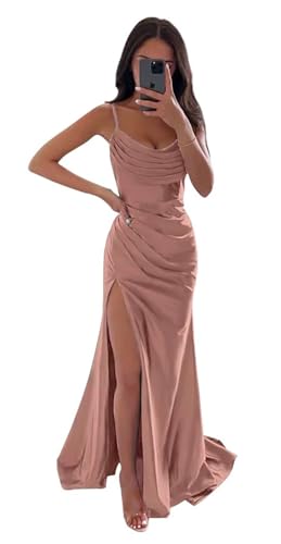 Sincemeet Meerjungfrau Satin Abendkleid mit Schlitz Spaghettiträgern Lange Brautjungfer Satin Wickelkleid Ballkleider von Sincemeet