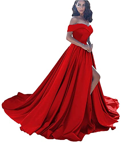 Sincemeet Off Shoulder Satin Prom Dresses,Schulterfreie Satin-Abschlussballkleider Formelle Abendkleider Aus Satin Mit Schlitz Für Damen von Sincemeet