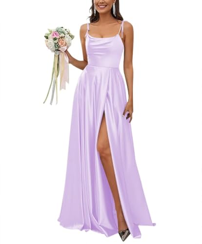 Sincemeet Satin Spaghettiträgern Brautjungfernkleid Rückenfreie Ballkleider mit hohem Schlitz Langes Elegantes Hochzeitskleid von Sincemeet