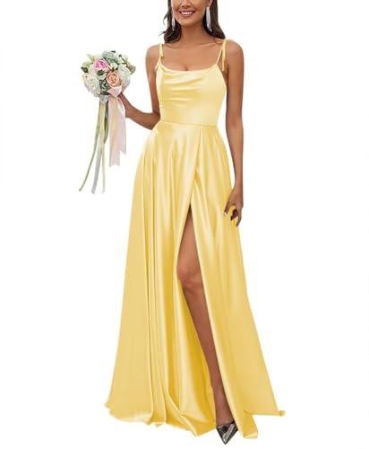 Sincemeet Satin Spaghettiträgern Brautjungfernkleid Rückenfreie Ballkleider mit hohem Schlitz Langes Elegantes Hochzeitskleid von Sincemeet