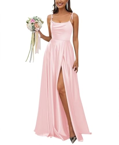 Sincemeet Satin Spaghettiträgern Brautjungfernkleid Rückenfreie Ballkleider mit hohem Schlitz Langes Elegantes Hochzeitskleid von Sincemeet
