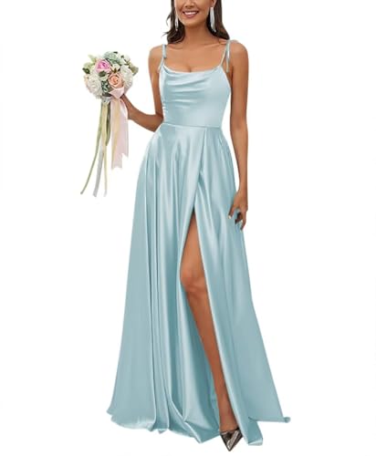 Sincemeet Satin Spaghettiträgern Brautjungfernkleid Rückenfreie Ballkleider mit hohem Schlitz Langes Elegantes Hochzeitskleid von Sincemeet