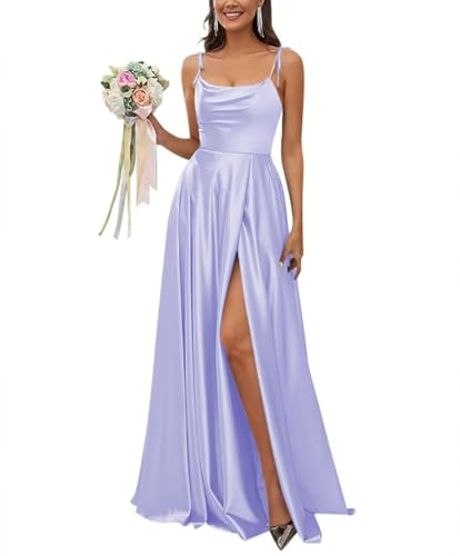 Sincemeet Satin Spaghettiträgern Brautjungfernkleid Rückenfreie Ballkleider mit hohem Schlitz Langes Elegantes Hochzeitskleid von Sincemeet