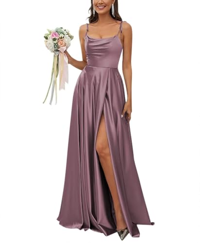 Sincemeet Satin Spaghettiträgern Brautjungfernkleid Rückenfreie Ballkleider mit hohem Schlitz Langes Elegantes Hochzeitskleid von Sincemeet