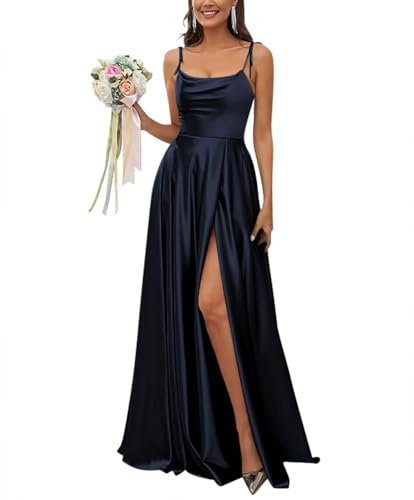 Sincemeet Satin Spaghettiträgern Brautjungfernkleid Rückenfreie Ballkleider mit hohem Schlitz Langes Elegantes Hochzeitskleid von Sincemeet