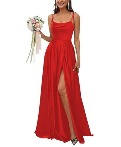 Sincemeet Satin Spaghettiträgern Brautjungfernkleid Rückenfreie Ballkleider mit hohem Schlitz Langes Elegantes Hochzeitskleid von Sincemeet