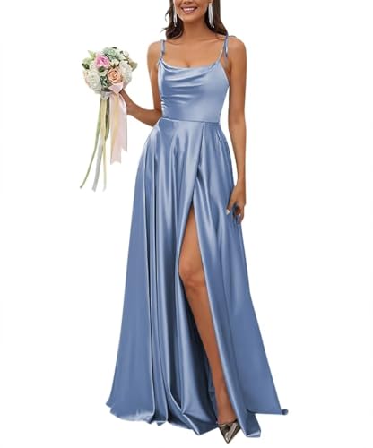 Sincemeet Satin Spaghettiträgern Brautjungfernkleid Rückenfreie Ballkleider mit hohem Schlitz Langes Elegantes Hochzeitskleid Sincemeet Satin Spaghettiträgern Brautjungfernkleid Rückenfreie Ballkleider mit hohem Schlitz Langes Elegantes Hochzeitskleid von Sincemeet