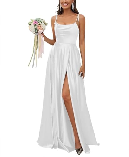 Sincemeet Satin Spaghettiträgern Brautjungfernkleid Rückenfreie Ballkleider mit hohem Schlitz Langes Elegantes Hochzeitskleid von Sincemeet
