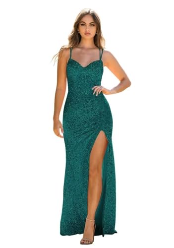 Sincemeet Spaghetti-Trägern Pailletten Ballkleider VAusschnitt Glitzernde Abendkleider mit Schlitz Mermaid Cocktailkleid von Sincemeet