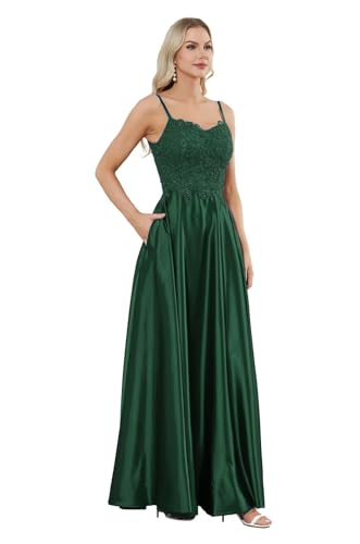 Sincemeet Spaghettiträgern Satin Ballkleider Spitzenapplikationen Partykleider V-Ausschnitt formelles Ballkleid von Sincemeet