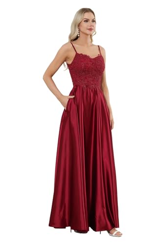 Sincemeet Spaghettiträgern Satin Ballkleider Spitzenapplikationen Partykleider V-Ausschnitt formelles Ballkleid von Sincemeet