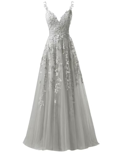 Sincemeet Spaghettiträgern Tüll Ballkleider Lang Spitzenapplikationen Hochzeitskleid V-Ausschnitt Abendkleider von Sincemeet