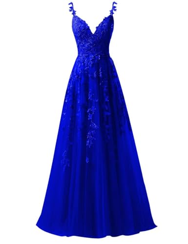 Sincemeet Spaghettiträgern Tüll Ballkleider Lang Spitzenapplikationen Hochzeitskleid V-Ausschnitt Abendkleider von Sincemeet