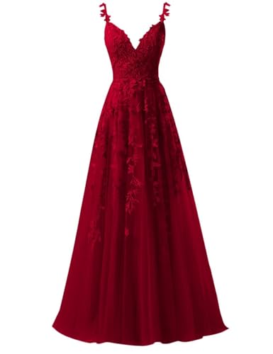 Sincemeet Spaghettiträgern Tüll Ballkleider Lang Spitzenapplikationen Hochzeitskleid V-Ausschnitt Abendkleider von Sincemeet