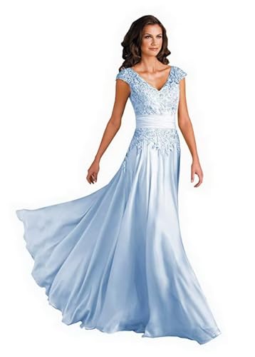Sincemeet Spitzen Kleider Für Die Brautmutter V-Ausschnitt Langes Abendkleid Chiffon Hohe Taille Ballkleid Brautjunfernkleid von Sincemeet