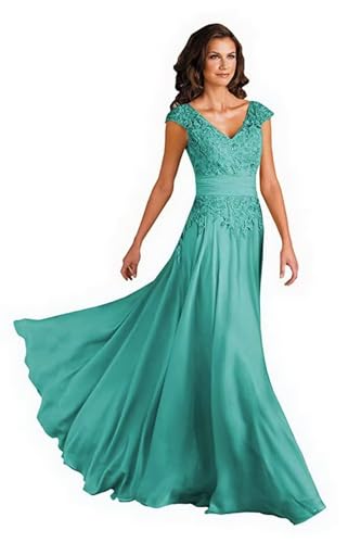 Sincemeet Spitzen Kleider Für Die Brautmutter V-Ausschnitt Langes Abendkleid Chiffon Hohe Taille Ballkleid Brautjunfernkleid von Sincemeet