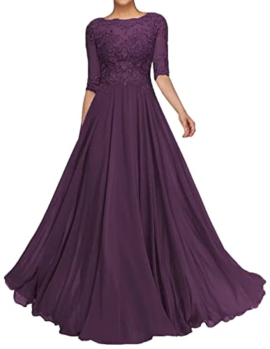 Sincemeet Spitzenapplikationen Abendkleid Lang Chiffon Mutter Der Braut Kleider Perlen Brautjungfer Mit 1/2 Ärmeln von Sincemeet