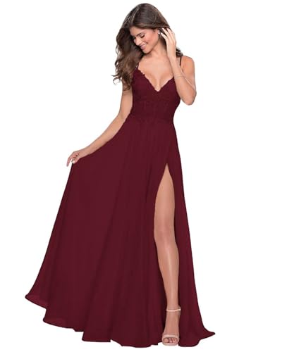 Sincemeet Spitzenapplikationen Lang Abendkleid Spaghettiträgern V-Ausschnitt Chiffon Ballkleider brautjungfernkleider mit Schlitz Sincemeet Spitzenapplikationen Lang Abendkleid Spaghettiträgern V-Ausschnitt Chiffon Ballkleider brautjungfernkleider mit Schlitz von Sincemeet