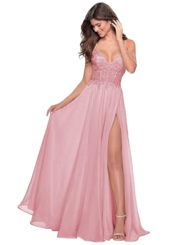 Sincemeet Spitzenapplikationen Lang Abendkleid Spaghettiträgern V-Ausschnitt Chiffon Ballkleider brautjungfernkleider mit Schlitz von Sincemeet