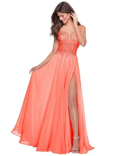 Sincemeet Spitzenapplikationen Lang Abendkleid Spaghettiträgern V-Ausschnitt Chiffon Ballkleider brautjungfernkleider mit Schlitz von Sincemeet