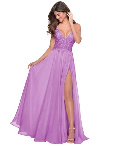 Sincemeet Spitzenapplikationen Lang Abendkleid Spaghettiträgern V-Ausschnitt Chiffon Ballkleider brautjungfernkleider mit Schlitz Sincemeet Spitzenapplikationen Lang Abendkleid Spaghettiträgern V-Ausschnitt Chiffon Ballkleider brautjungfernkleider mit Schlitz von Sincemeet
