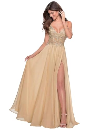 Sincemeet Spitzenapplikationen Lang Abendkleid Spaghettiträgern V-Ausschnitt Chiffon Ballkleider brautjungfernkleider mit Schlitz von Sincemeet