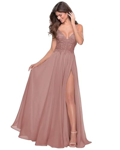 Sincemeet Spitzenapplikationen Lang Abendkleid Spaghettiträgern V-Ausschnitt Chiffon Ballkleider brautjungfernkleider mit Schlitz von Sincemeet