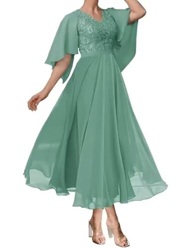 Sincemeet Spitzenkleider für die Brautmutter Rüschenärmel Abendkleid Lang Übergröße Chiffon-Abendkleid für die Hochzeit von Sincemeet