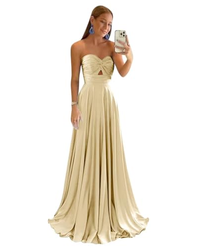 Sincemeet Trägerloses Abendkleid aus Satin Lange Ballkleider mit Schlitz Herzförmige formelle Brautjungfernkleider Brautkleid in A-Linie von Sincemeet