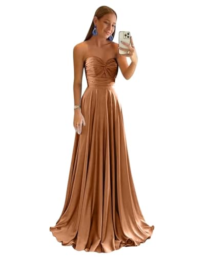 Sincemeet Trägerloses Abendkleid aus Satin Lange Ballkleider mit Schlitz Herzförmige formelle Brautjungfernkleider Brautkleid in A-Linie von Sincemeet