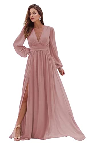 Sincemeet V-Ausschnitt langärmelig Brautjungfernkleid Chiffon, plissiert formelle Abendkleider für Damen mit Schlitz von Sincemeet