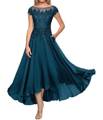 Teelänge Mutter der Braut Kleid Spitze Lang Formal Abendkleid Chiffon Hochzeit Gastkleider für Kurzarm von Sincemeet