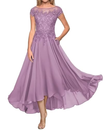 Teelänge Mutter der Braut Kleid Spitze Lang Formal Abendkleid Chiffon Hochzeit Gastkleider für Kurzarm von Sincemeet